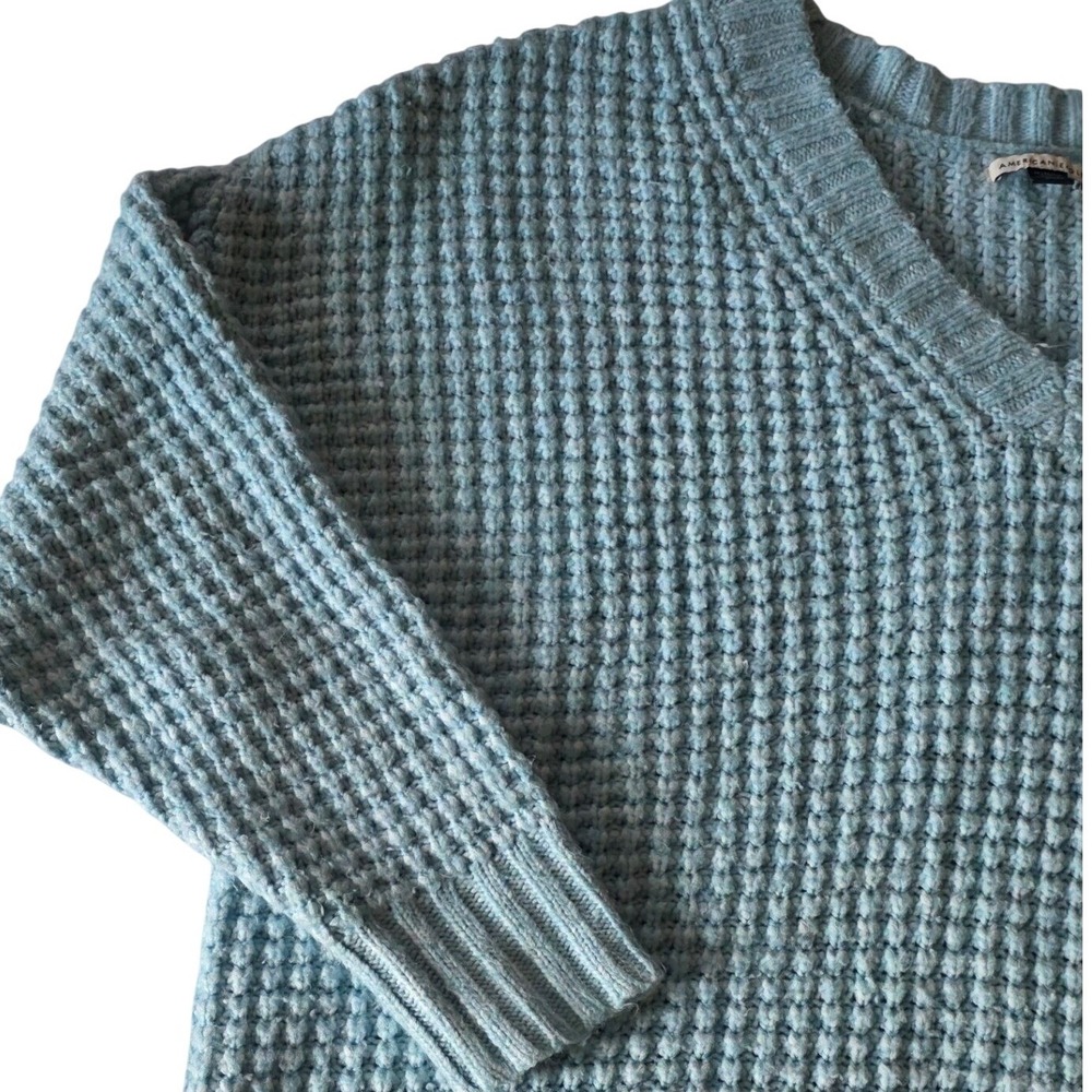 American Eagle Oversize V-Neck Teal Waffle Knit Sweater XL Cozy Fall